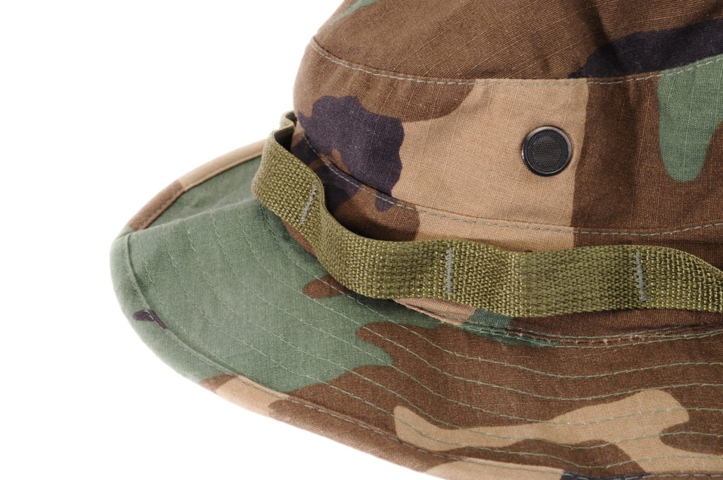 Closeup view of camo military style boonie hat